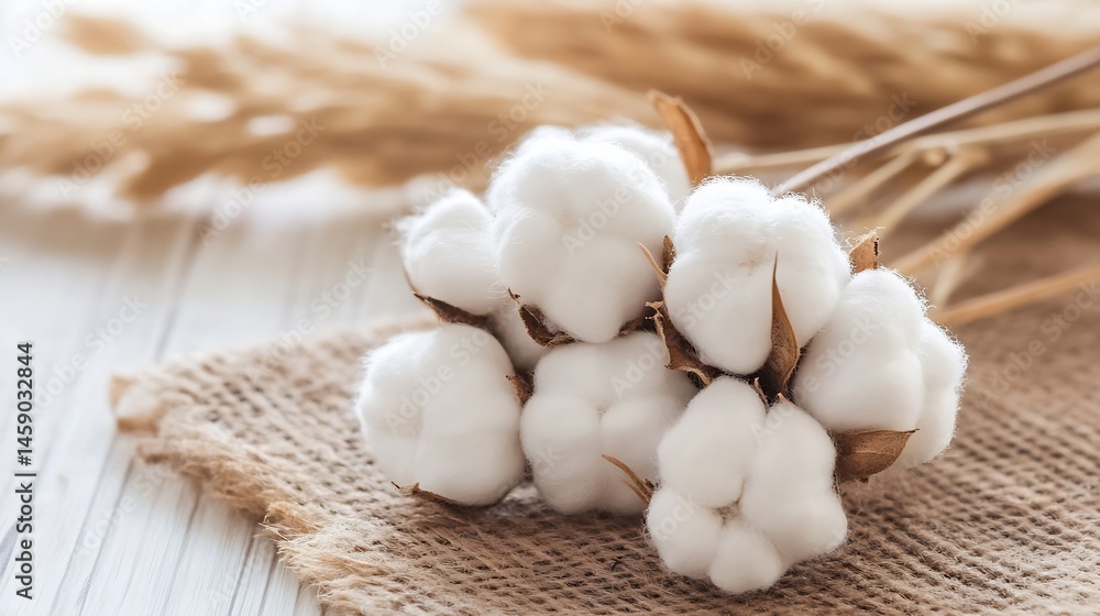 Poster close-up of fluffy cotton flower heads on a rustic burlap surface, with blurred tan pampas grass in 