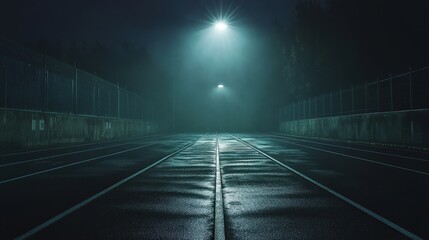 dramatic night shot of an empty running track with only a single spotlight illuminating the lanes