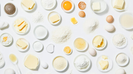 A flat lay of baking ingredients flour, eggs, butter, and sugar, each in small white bowls or scattered artfully across a white background.