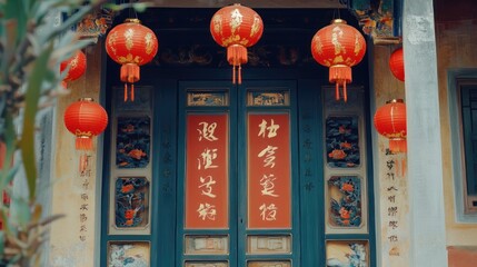 Chinese Lanterns Adorning an Ancient Teal Door