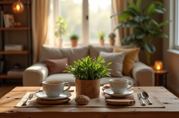 Cozy coffee date setup on a wooden table