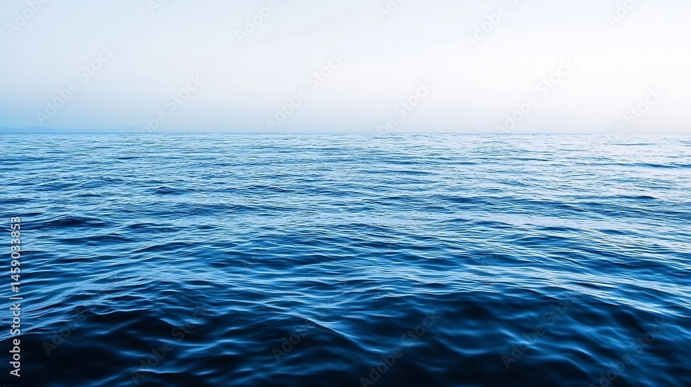 Poster Serene ocean surface, deep blue water with gentle waves under a pale sky, creating a tranquil and peaceful seascape. : Generative AI