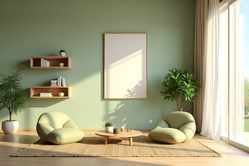 Minimalist Japandi Living Room with Sage Green and Beige Decor Featuring Bonsai and Wooden Accents