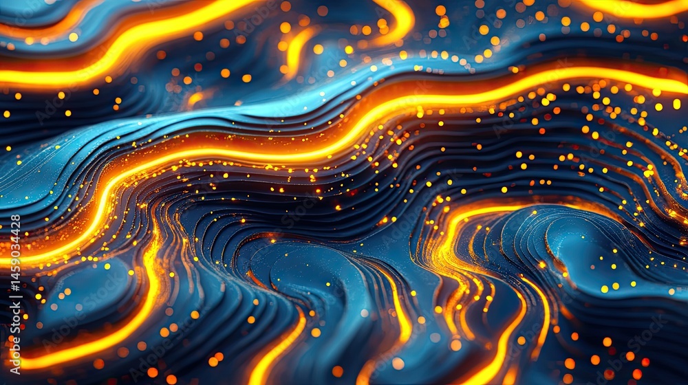 Poster abstract wavy design with glowing lines and particles