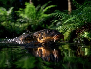 Fototapeta premium Large dark-colored fish, possibly a carp, swimming in shallow water with lush green ferns and water droplets