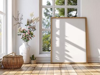 frame mockup poster is leaning on a white wall with plant decoration