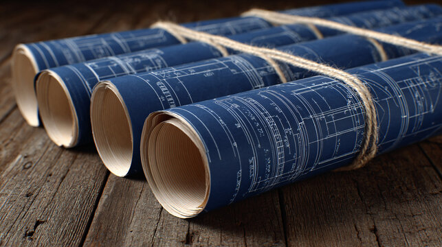 Vintage Architectural Blueprints Rolled Up and Secured with Twine on Wooden Table Design Plans for Classic Building Projects