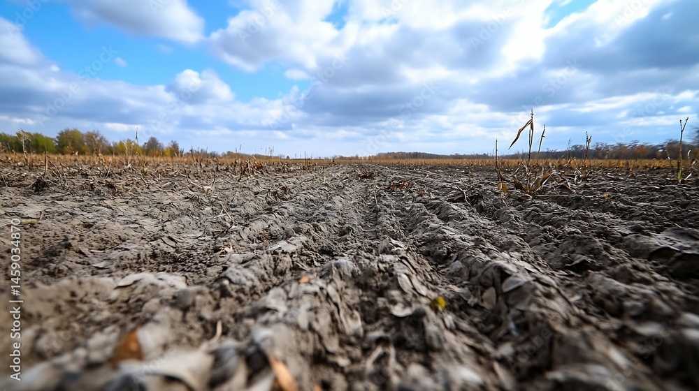 Poster a plowed field under a partly cloudy autumn sky, showing dark brown soil texture with remnants of dr
