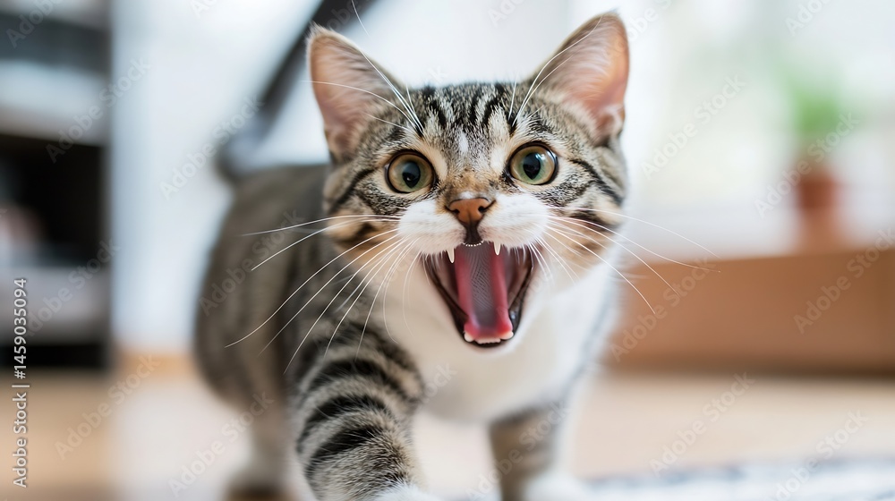 Poster playful tabby kitten with wide open mouth, approaching the camera, showing its teeth and pink tongue