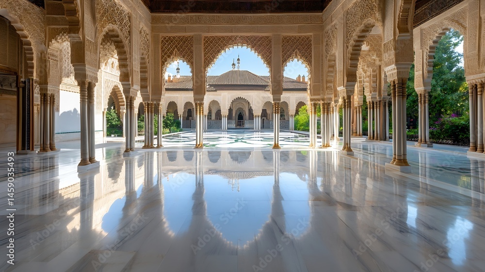 Poster reflective marble floor in a palace courtyard, showcasing intricate arches and columns under a brigh