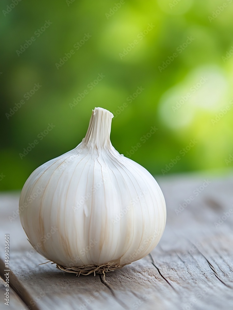 Aufkleber Single bulb of garlic rests on weathered wood, soft green bokeh background.  A close-up shot emphasizing the bulb's texture and form. : Generative AI