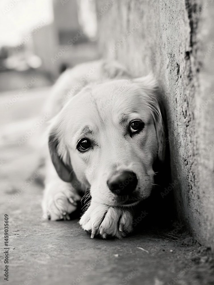 Poster a golden retriever puppy rests its head against a weathered concrete wall, its soulful eyes conveyin
