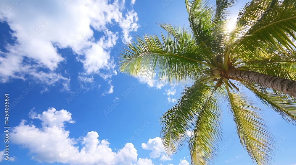 Poster low-angle view of a palm tree against a vibrant blue sky dotted with fluffy white clouds, sunlight f