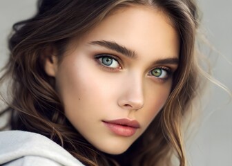 Naklejka premium Close-up portrait of a young woman with bright, captivating eyes and soft, natural makeup. Her expression is alluring and slightly mysterious