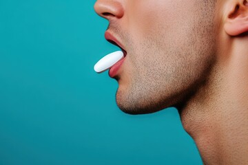 White pill balances on man tongue isolated profile