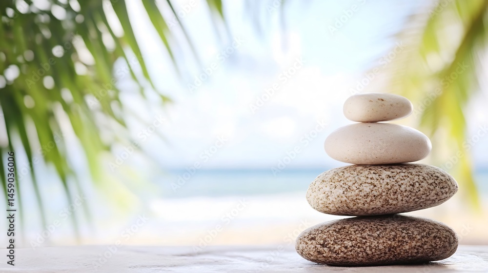Poster Serene stack of three smooth stones, balanced on a light surface, with blurred palm leaves and ocean in the background, evoking tranquility and peace. : Generative AI