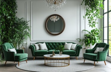 Luxurious green living room interior design, plants, mirror