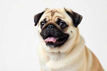 A fluffy pug, posed against a pure white backdrop, breed, dog, white background