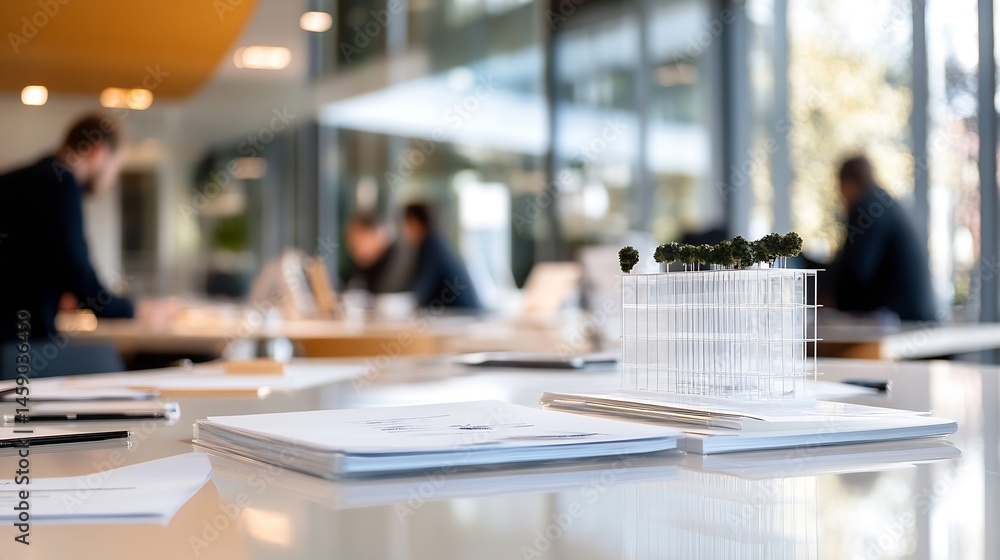 Fototapete architectural model of a modern building with trees on top sits on a table in a blurred office backg