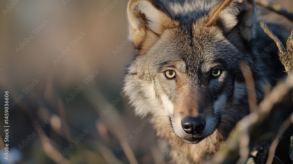 Poster close-up portrait of a grey wolf, its intense gaze piercing through the branches, bathed in the warm