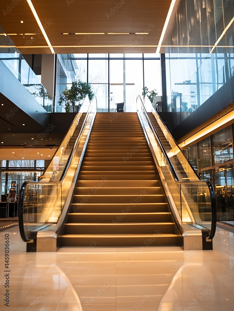 Aufkleber Modern building interior with illuminated escalator and stairs, showcasing contemporary architecture and design elements.  The spacious lobby features large windows offering natural li : Generative AI