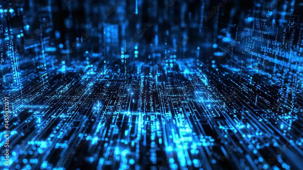 Poster digital circuit board glowing blue lights with futuristic technology and circuit patterns