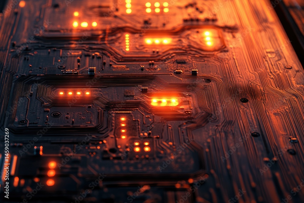 Poster close-up of a circuit board with glowing orange leds, showcasing intricate electronic pathways.