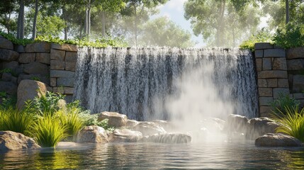 3D simulation of a waterfall, with water splashing against rocks and mist rising into the air, demonstrating natural fluid effects