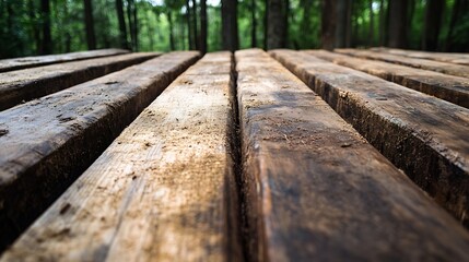 Fototapeta premium Close-up view of weathered wooden planks forming a rustic outdoor bench, set against a blurred forest backdrop. The wood shows texture, age, and natural wear. : Generative AI