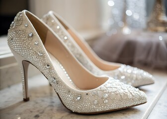 Obraz premium A photo featuring a pair of high-end women's shoes with a plush, sparkling finish, reminiscent of a glamorous, upscale fashion setting. The shoes are showcased prominently on a surface, with a close-u