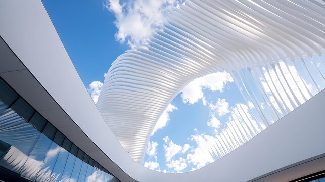Modern architecture detail: curved white ceiling structure with skylight, showcasing blue sky and clouds through slender, elegant slats. : Generative AI