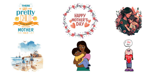 Mother's Day Editable Vector Art: Pretty Child, Happy Mother's Day, Family Love (EPS, SVG, AI, PNG)

