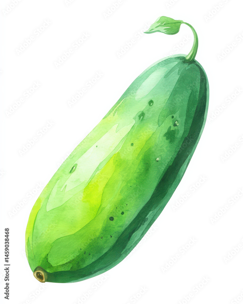 Aufkleber A single vibrant green cucumber depicted in a watercolor style features a slightly curved shape and a small leaf at its stem. The cucumber's skin shows subtle variations in shade hinti : Generative AI