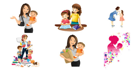 Joyful Mother's Day Vector Art: Happy Moms with Children Illustrations PNG

