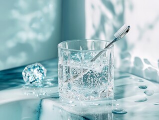 Crystal Glass Filled with Effervescent Liquid Featuring Toothbrush and Clear Geometric Object on White Textured Surface Shadow Patterns