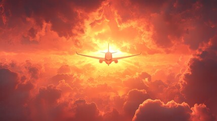Naklejka premium Airplane flying through dramatic sunset sky