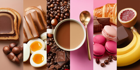 Colorful modern collage presents variety of breakfast delights like eggs, toast, and pastries. Vibrant setting on smooth surfaces creates inviting atmosphere
