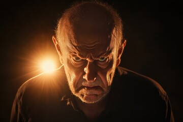 Angry senior man portrait in dramatic lighting