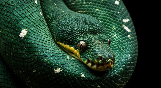 A vibrant green snake, possibly an emerald tree boa or green tree python, coils elegantly against a stark black background, showcasing its intricate scale pattern. - Powered by Adobe