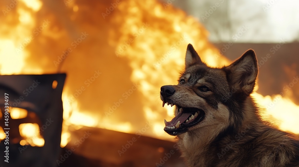 Poster a snarling wolf-like dog stands before a fiery blaze, its teeth bared in a fierce expression, the fl