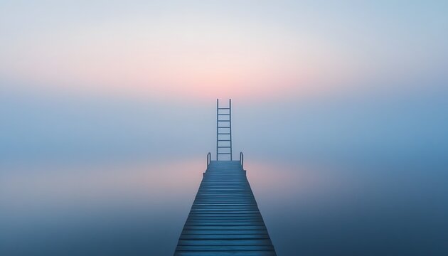 Fototapeta Tranquil wooden pier leading to a ladder in a misty sunrise.