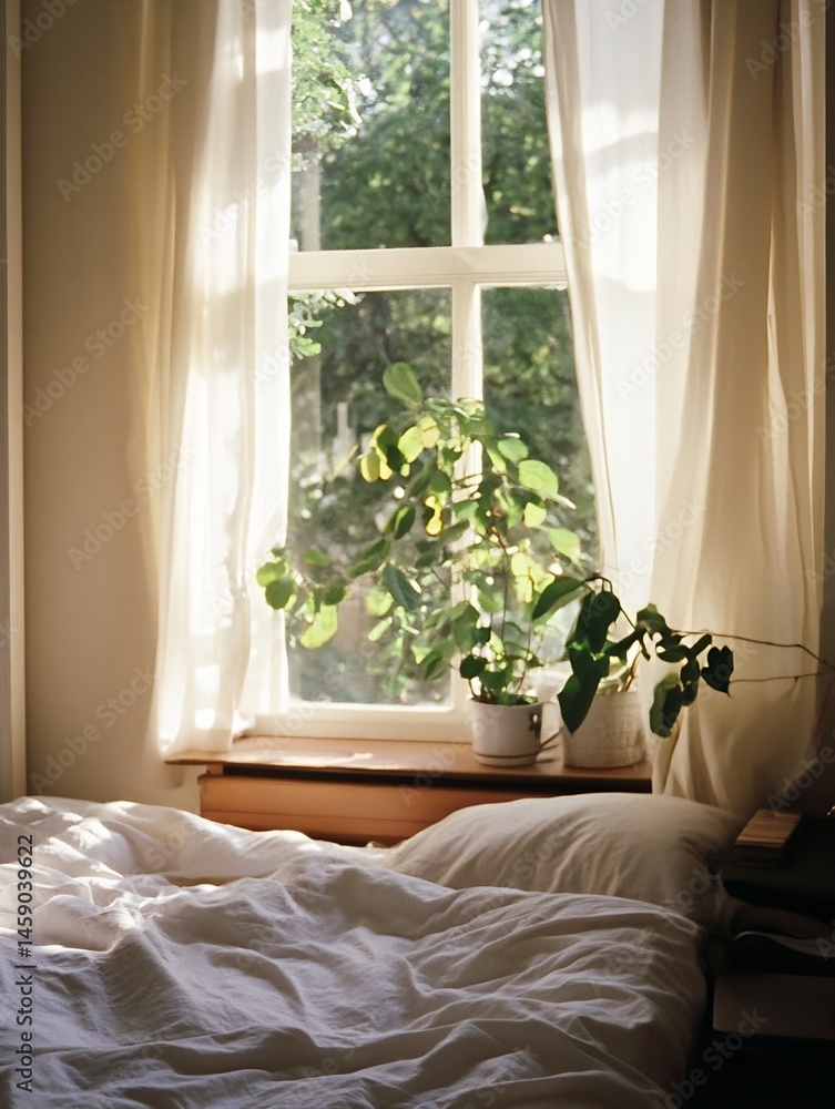 Poster sunlight streams through sheer curtains illuminating a bedroom with a plant on the windowsill and a 