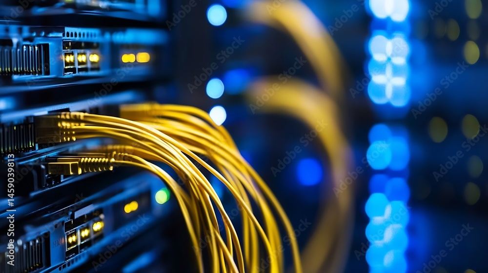 Poster close-up view of fiber optic cables connected to network server equipment, illuminated with blue and