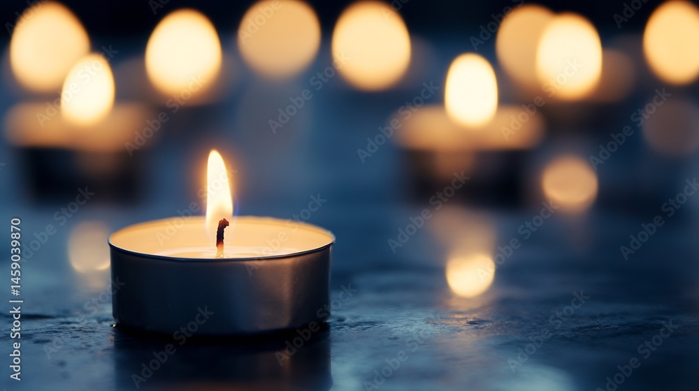 Poster a single lit tea light candle sits on a dark surface, surrounded by softly glowing out-of-focus cand