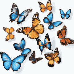 Decorative Butterfly Collection Featuring Blue And Orange Winged Insects On White Background