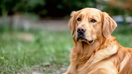 A golden retriever dog rests peacefully outdoors, its golden fur gleaming in the sunlight, eyes gazing thoughtfully into the distance.  The blurred green background suggests a park or  : Generative AI