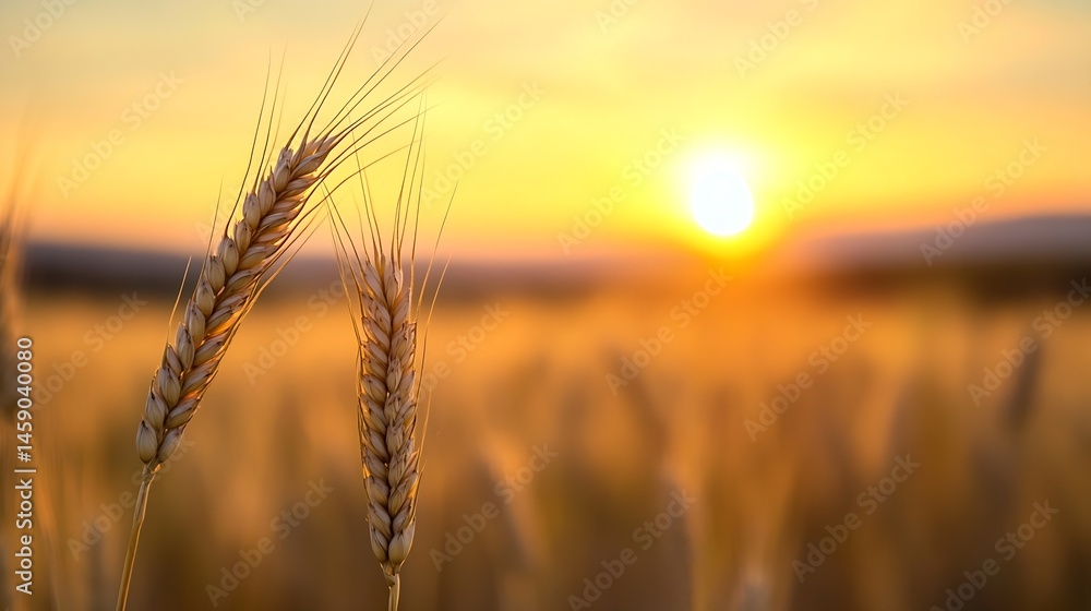Poster golden wheat stalks illuminated by the setting sun in a vast field, creating a serene and peaceful a