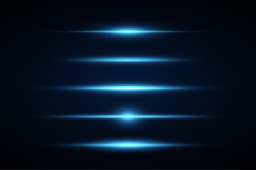 Set of blue neon light lines.Horizontal flash.Vector EPS 10.