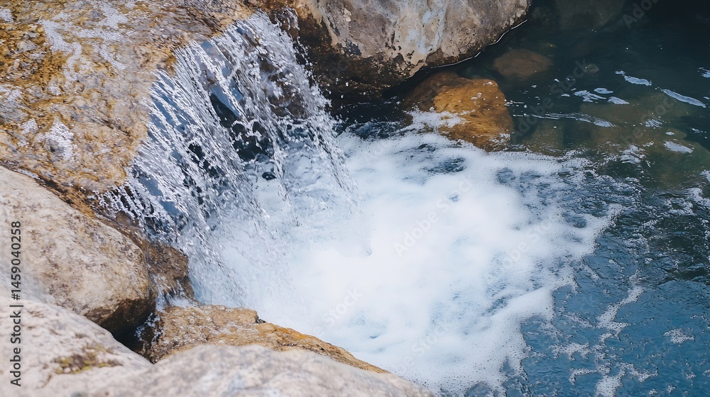 Poster A small waterfall cascades over rocks into a pool of churning, frothy water, creating a serene and tranquil scene in nature. : Generative AI