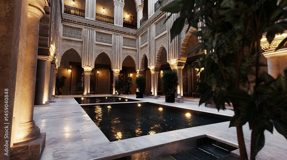 Leinwandbilder serene courtyard with reflecting pool and moorish architecture at dusk, showcasing intricate stone c